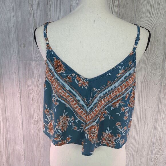 Angie Women's Small Blue Orange Floral BOHO Cropped Top Shirt Sleeveless - Picture 2 of 6